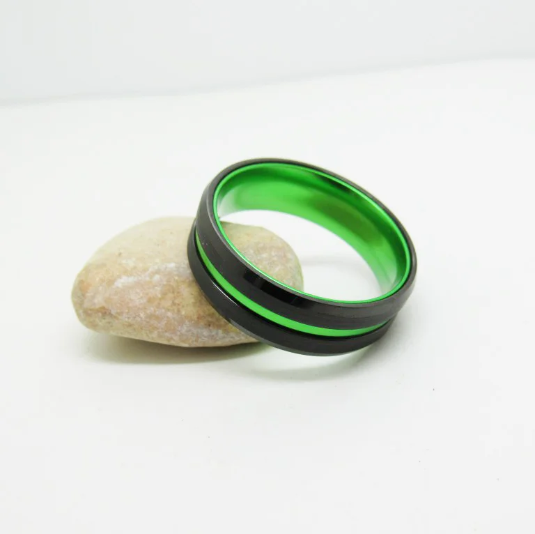 6MM 8MM Tungsten Black Inner Set Green Aluminum Couple Womens Or Mens Grooved Wedding Rings