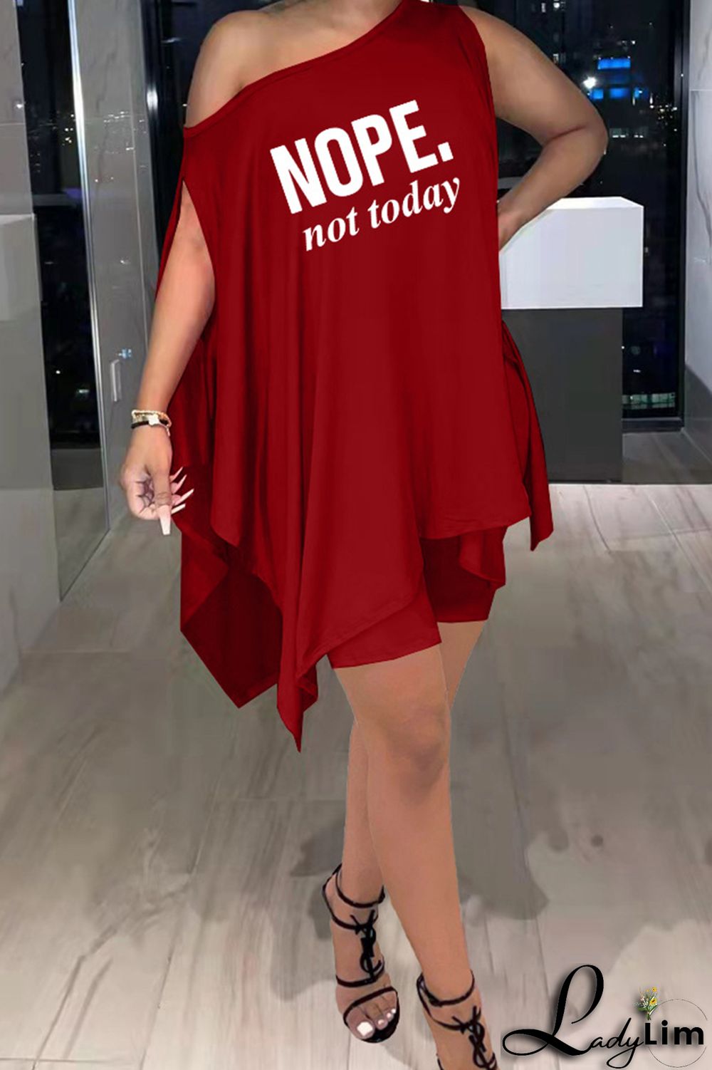 Burgundy Fashion Casual Letter Print Asymmetrical Oblique Collar Sleeveless Two Pieces