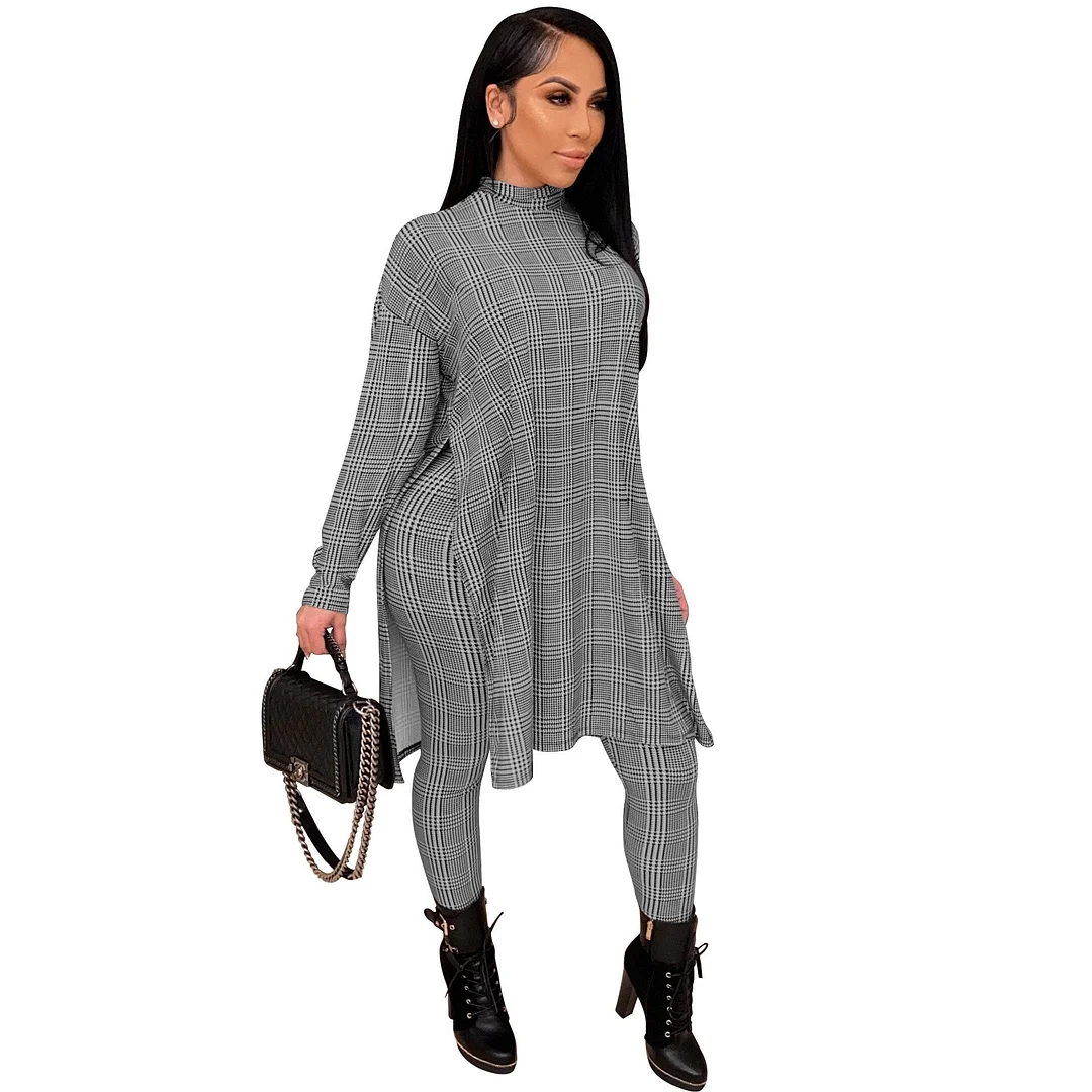 CM.YAYA Active Houndstooth Sweatsuit Women's Set Long Tops Legging Pants Suit Streetwear Tracksuit Two Piece Set Fitness Outfit