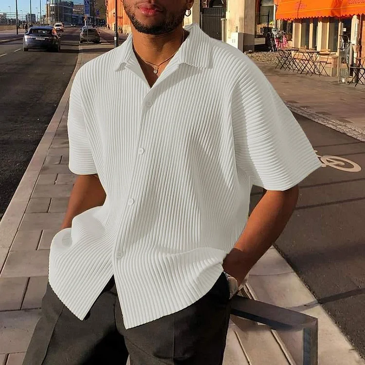 Men's Solid Striped Loose Lapel Short Sleeve Shirt 66620185Z