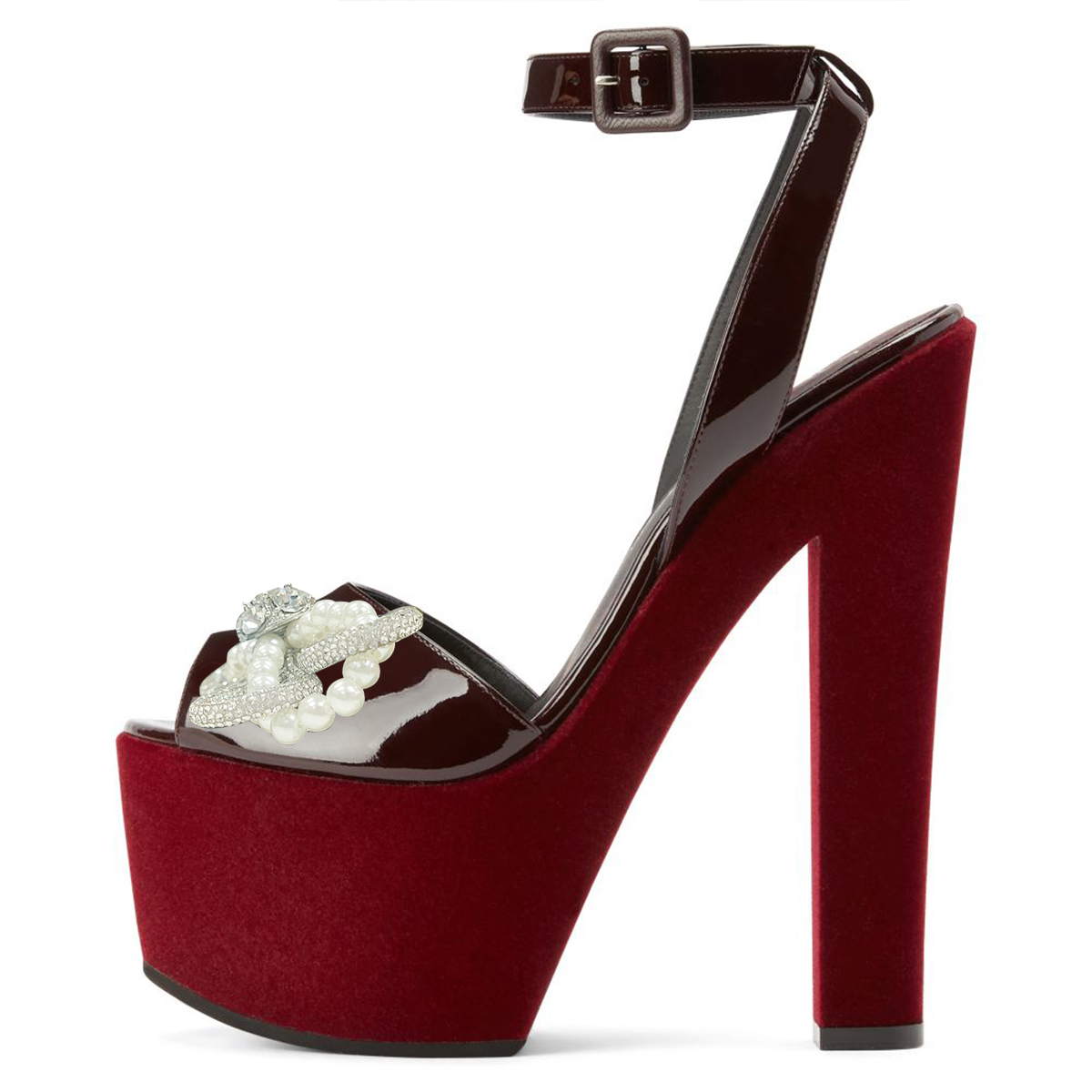 Burgundy Patent Leather Peep Toe Platform Sandals with Pearl Bow Nicepairs
