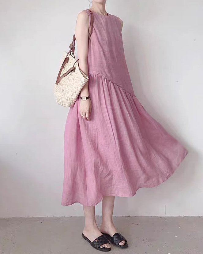 Simple Solid Color Sleeveless Ruched Detail Maxi Dress