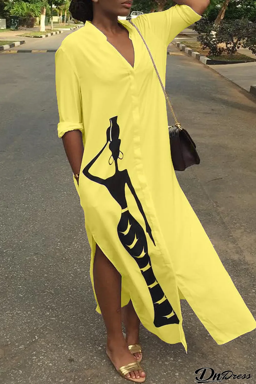 Yellow Fashion Cap Sleeve Long Sleeves V Neck Step Skirt Mid-Calf Print
