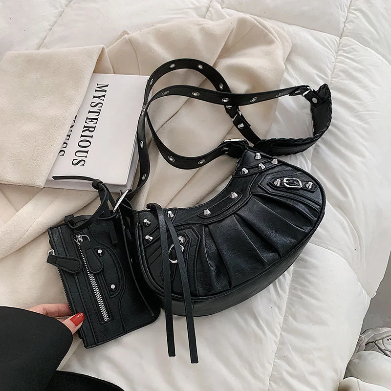 Rivets Design Half Moon PU Leather Armpit Crossbody Bag 2021 Winter Punk Style Vintage Shoulder Purses and Handbags 2 Pcs/set