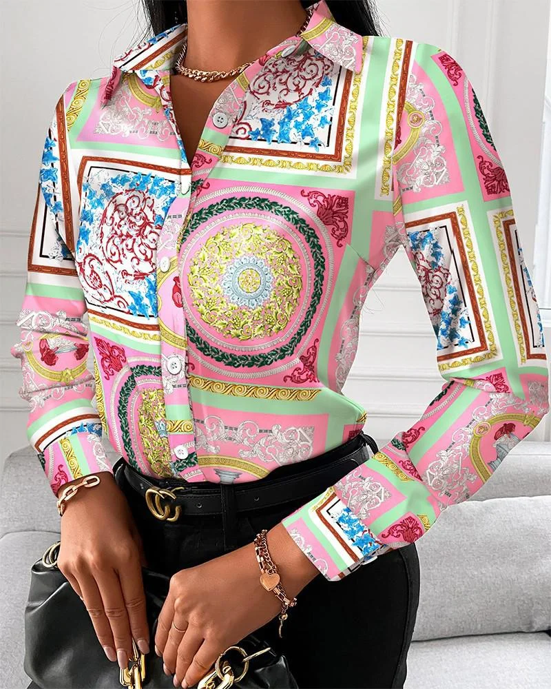 New Chain Print Women Tops And Blouses Fashion Turn-down Collar Long Sleeve Casual Plus Size Elegant Office Work Lady Shirts