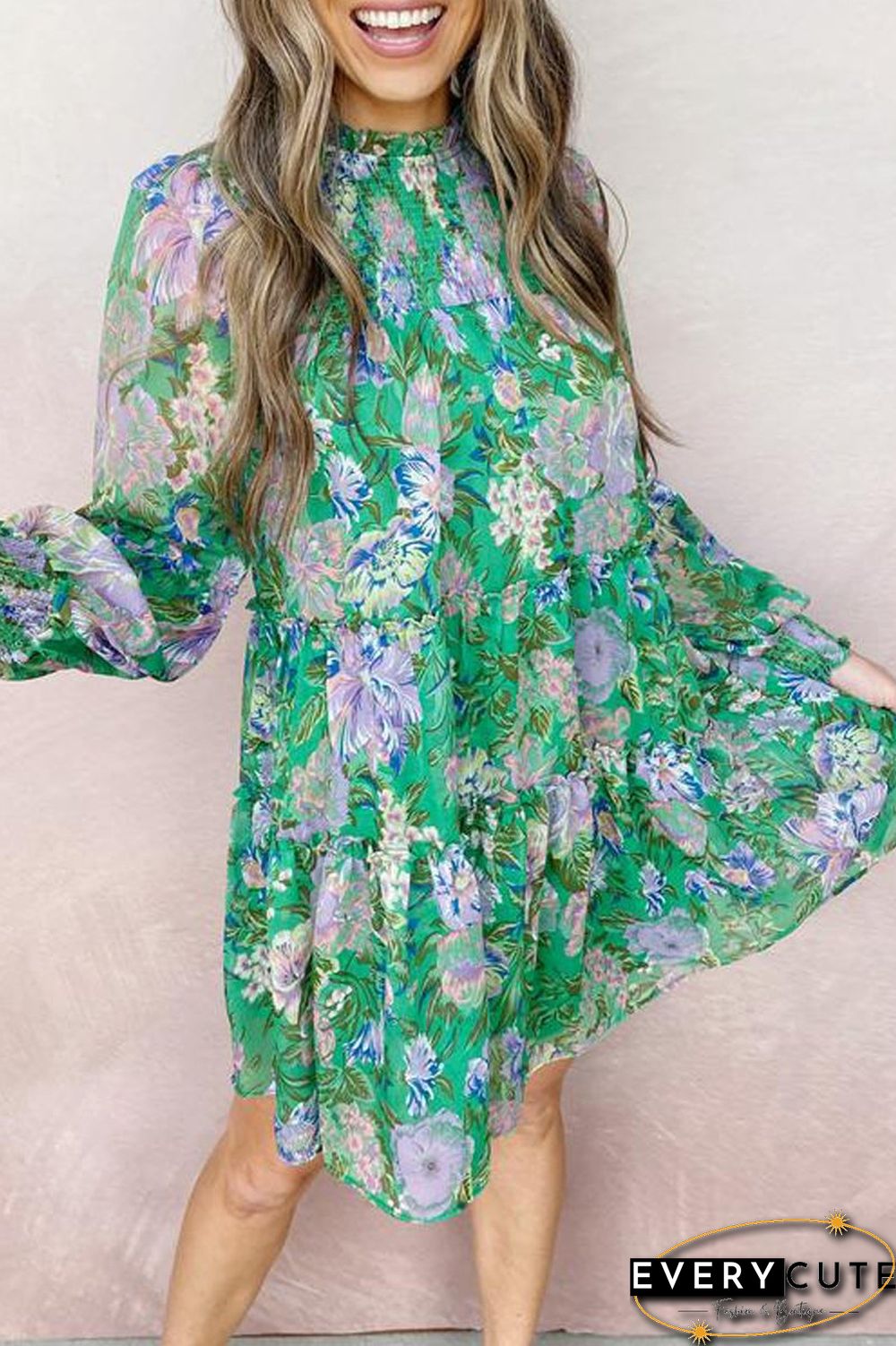 Floral Print Lantern Sleeve Dress