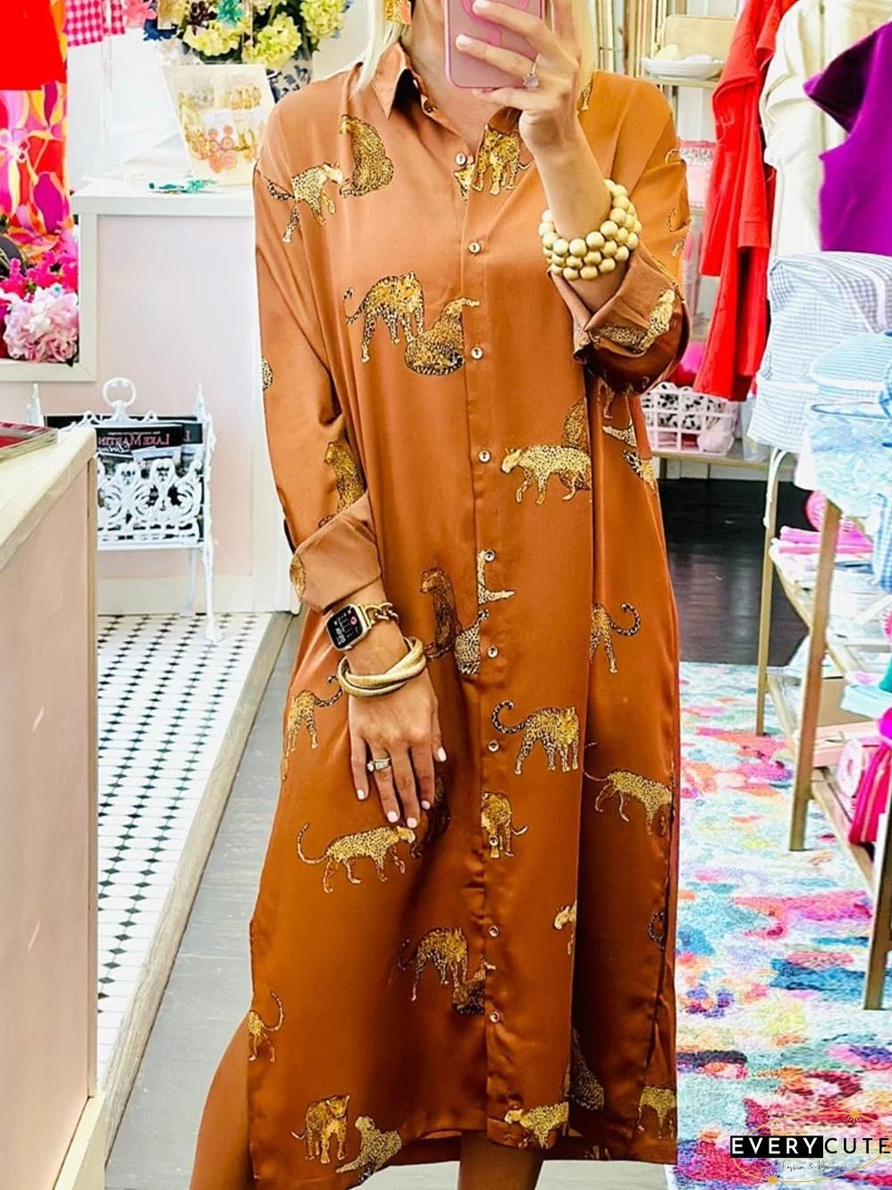 Fierce Mustard Leopard Print Shirt Dress with Split Hem