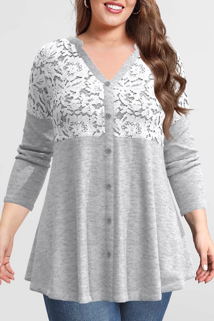 Flycurvy Plus Size Casual Light Grey Lace Double Layer Button Front Blouses  flycurvy [product_label]