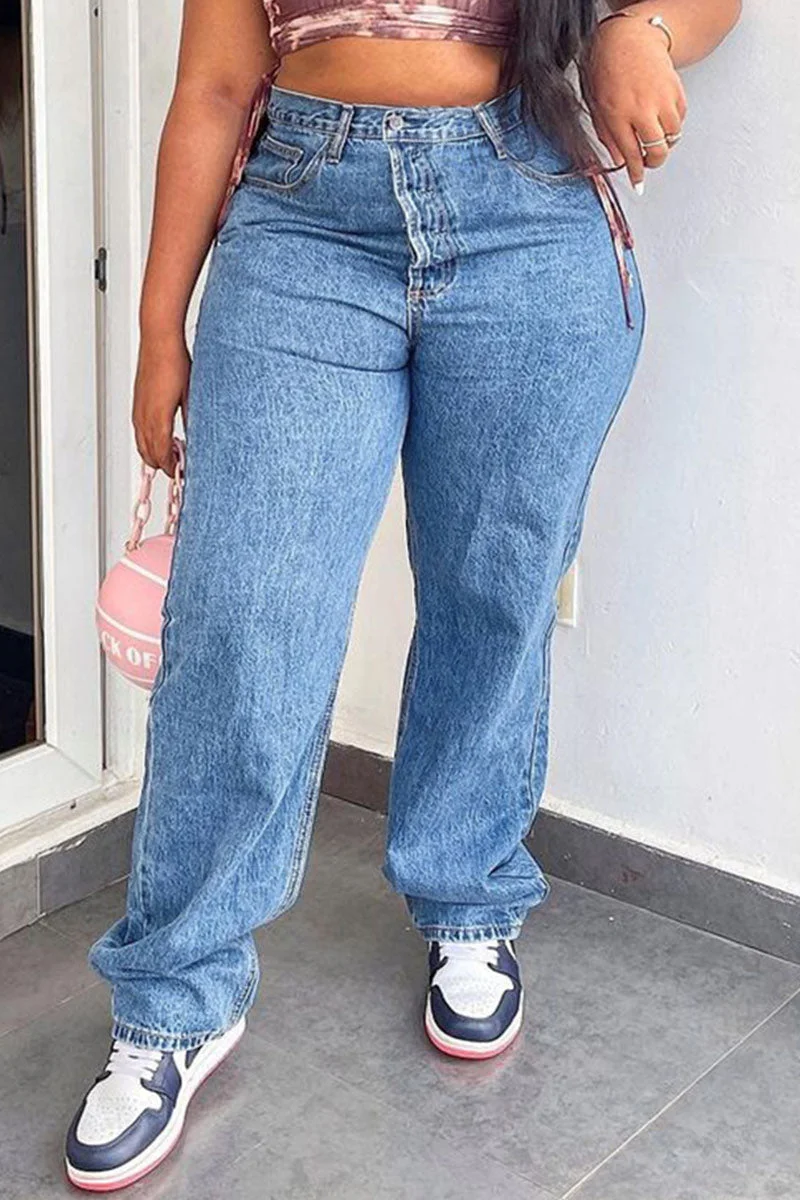 Casual Street Solid Split Joint High Waist Straight Denim Jeans