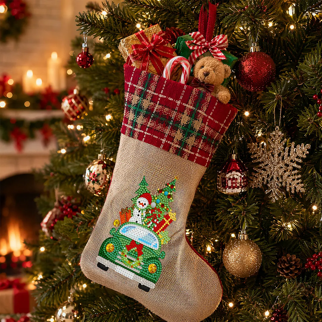 DIY Diamond Painting Christmas Stockings Hanging Ornaments Large Capacity Xmas Socks Pendant Wear Resist Candy Gift Storage Bags for Family Christmas Holiday Party Decoration (Christmas tree car)