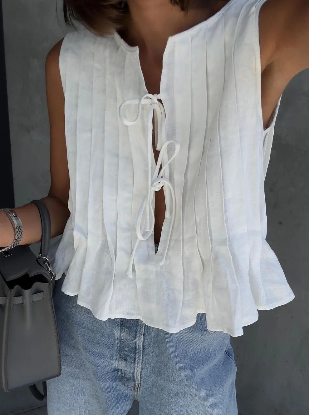 Cotton and Linen Ruffled Sleeveless Shirt Tie-Dress Set