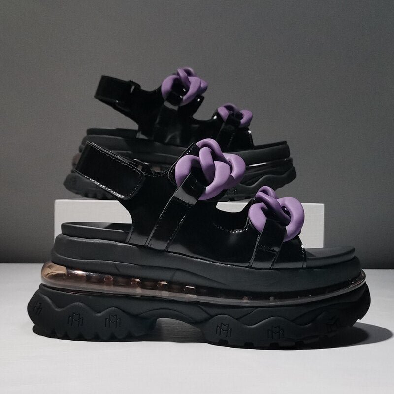 Genuine Leather Summer Women Sdandals Flat Platform Velcro Chain Ladies Shoes Thick Bottom Height Increasing Zapatillas Mujer