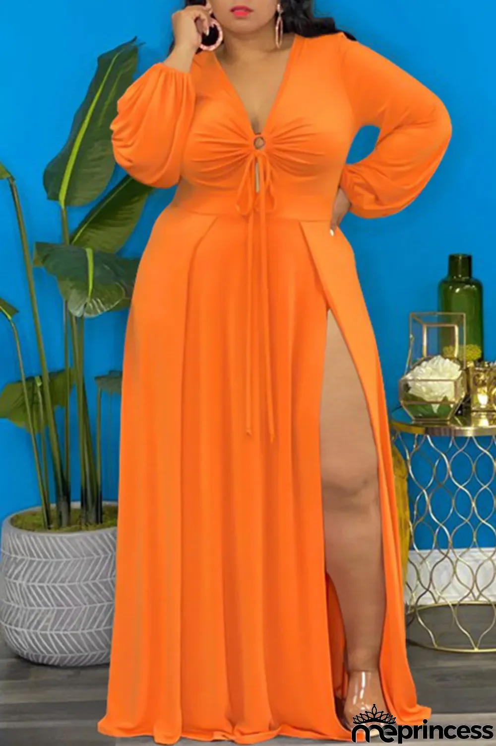 Deep Blue Elegant Solid Split Joint Frenulum High Opening V Neck Long Sleeve Plus Size Dresses