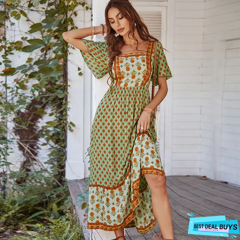 Bohemian French Square Collar Dress