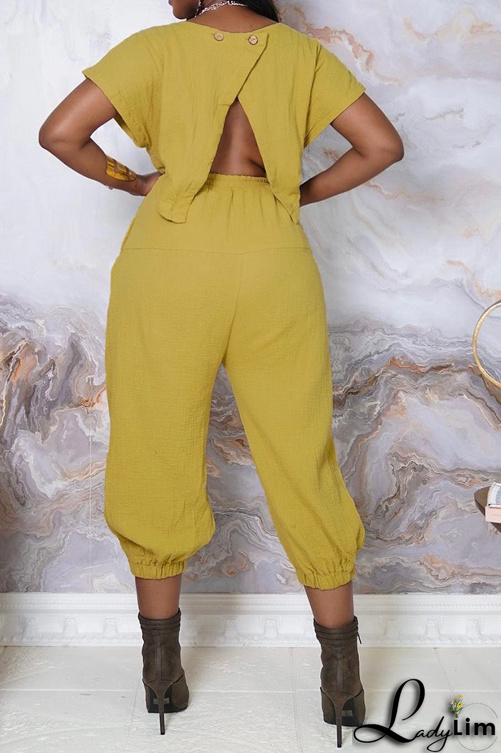 Yellow Fashion Print Patchwork O Neck Short Sleeve Two Pieces