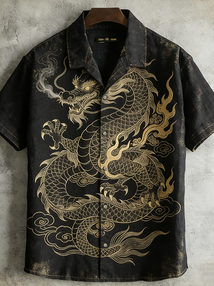 Japanese Art Retro Dragon Pattern Short Sleeve Shirt  artssus