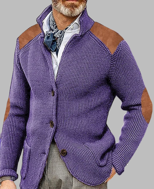 Suede Patchwork Notch Lapel Buttons Utility Pocket Knitted Jacket