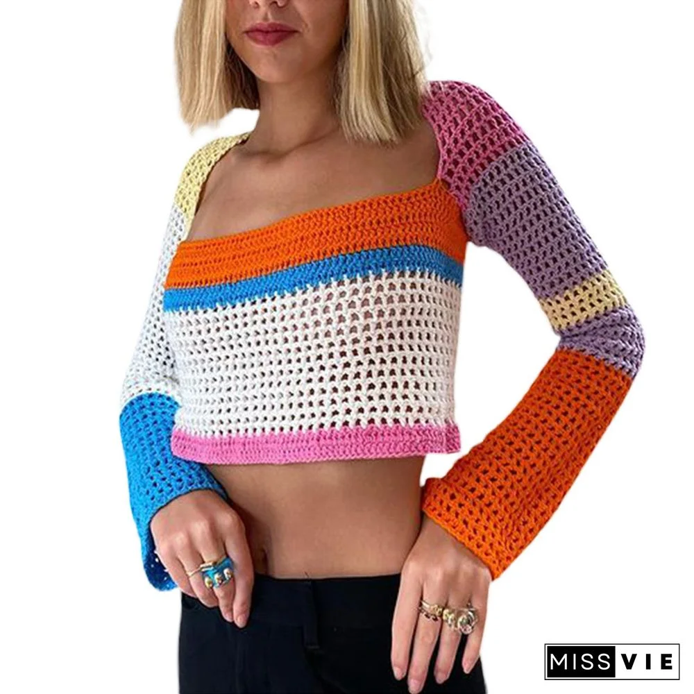 Women Striped Print Y2K Knitted Sweaters Autumn Loose Pullovers Streetwear Vintage Harajuku Cute Knitwear Retro Shirt