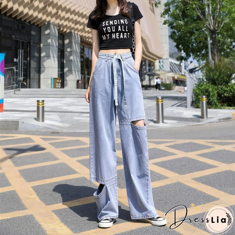 Woman Jeans Ripped Clothes High Waisted Summer Streetwear Baggy Wide Leg Vintage Fashion Stretch Harajuku Straight Pants