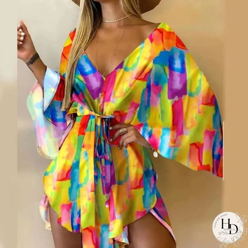 New Summer Beach Elegant Women Dresses Sexy V Neck Lace-up Floral Print Mini Dress Casual Flared Sleeves Ladies Party Dress