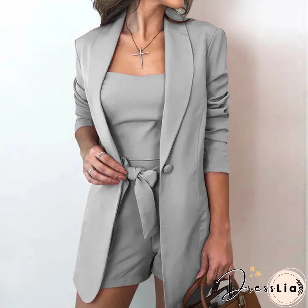 Spring And Summer Solid Color Vest Suit Jacket Fashion Temperament High Waist Shorts Three-piece Women's Dress Pink Shorts