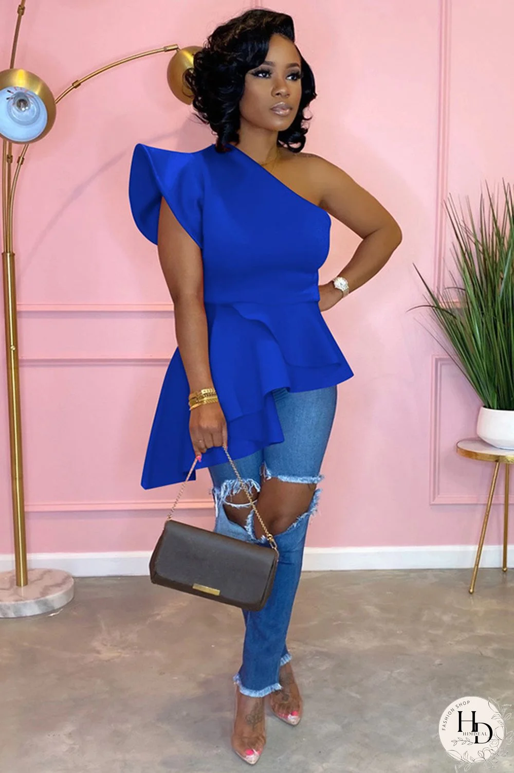 Blue Polyester One Shoulder Collar Sleeveless ruffle Solid asymmetrical Patchwork Mesh