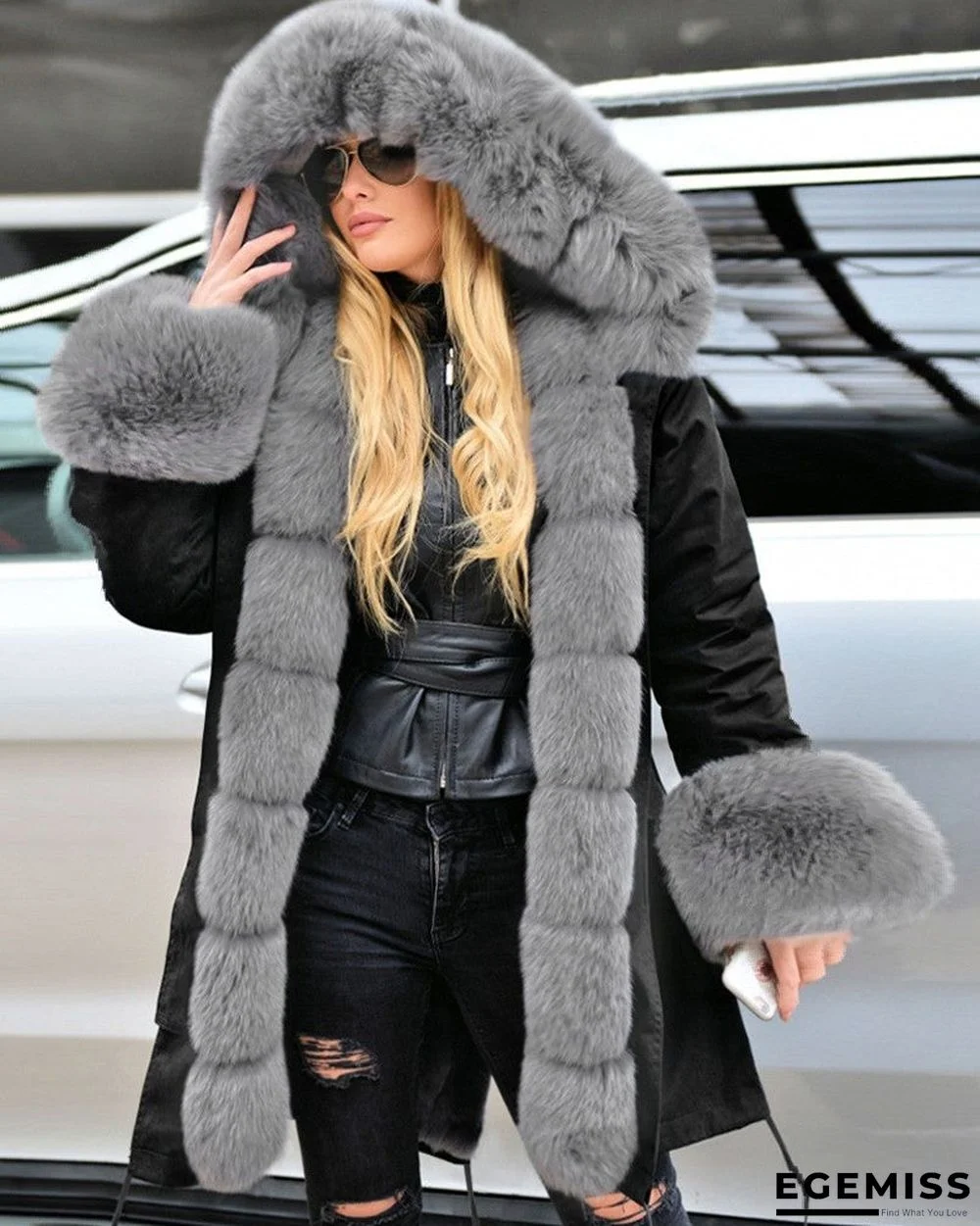 Faux Fur Patch Camouflage / Plain Hooded Parka Coat | EGEMISS