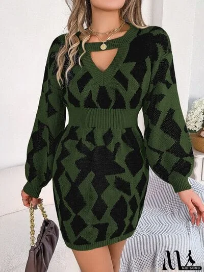 MidiSono - Contrast Round Neck Cutout Long Sleeve Mini Sweater Dress