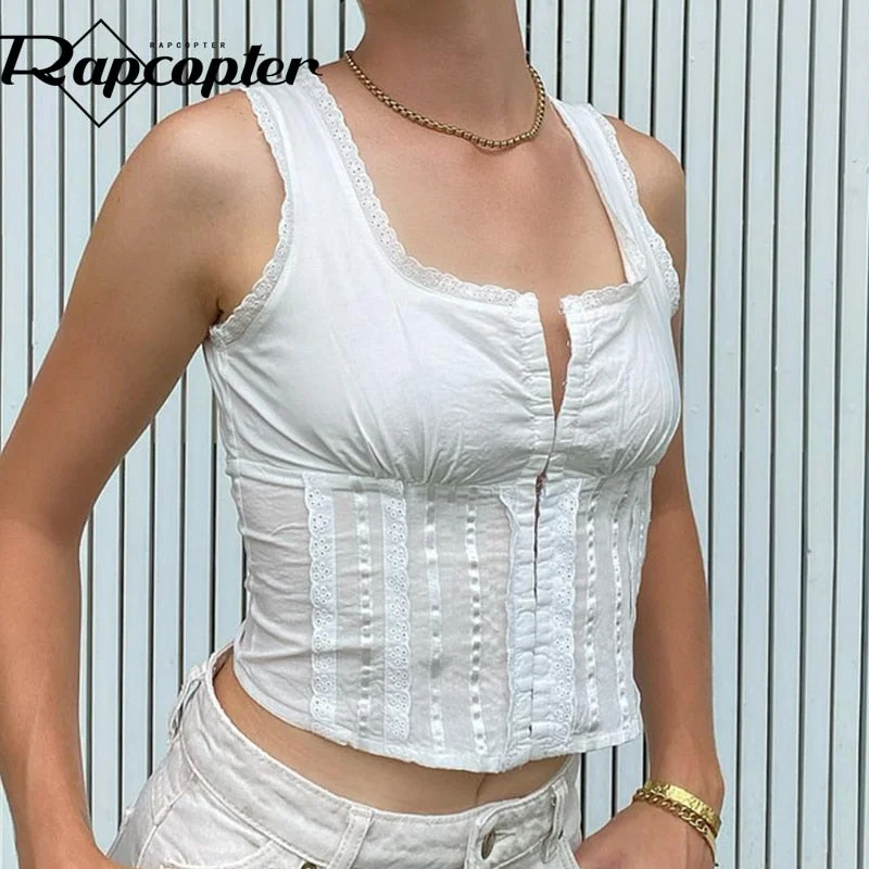 Rapcopter y2k Lace Trim Tank Tops Square Collar White Pin Up Corset Sweats Women Retro Cute Sweet Crop Top Summer Basic Beach
