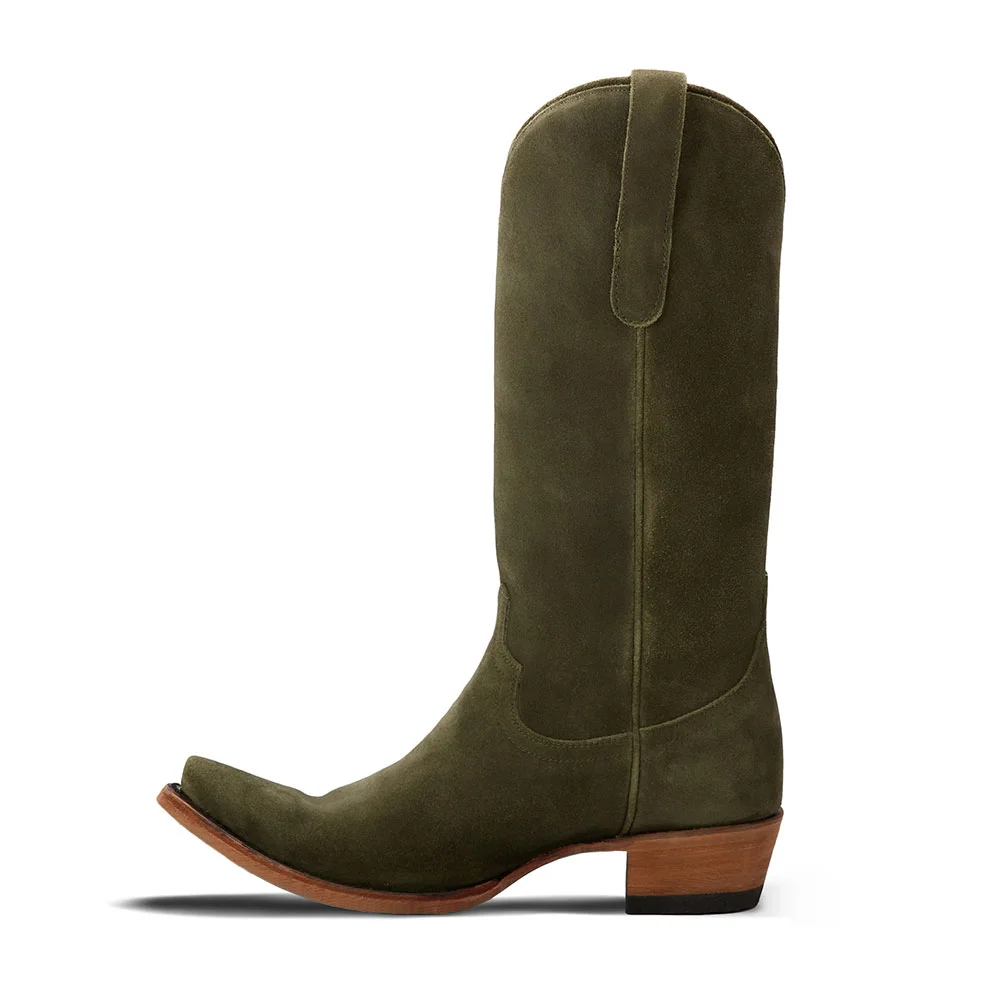 Fashion Olive Comfy Low Chunky Heel Mid Calf Cowboy Boots for Women