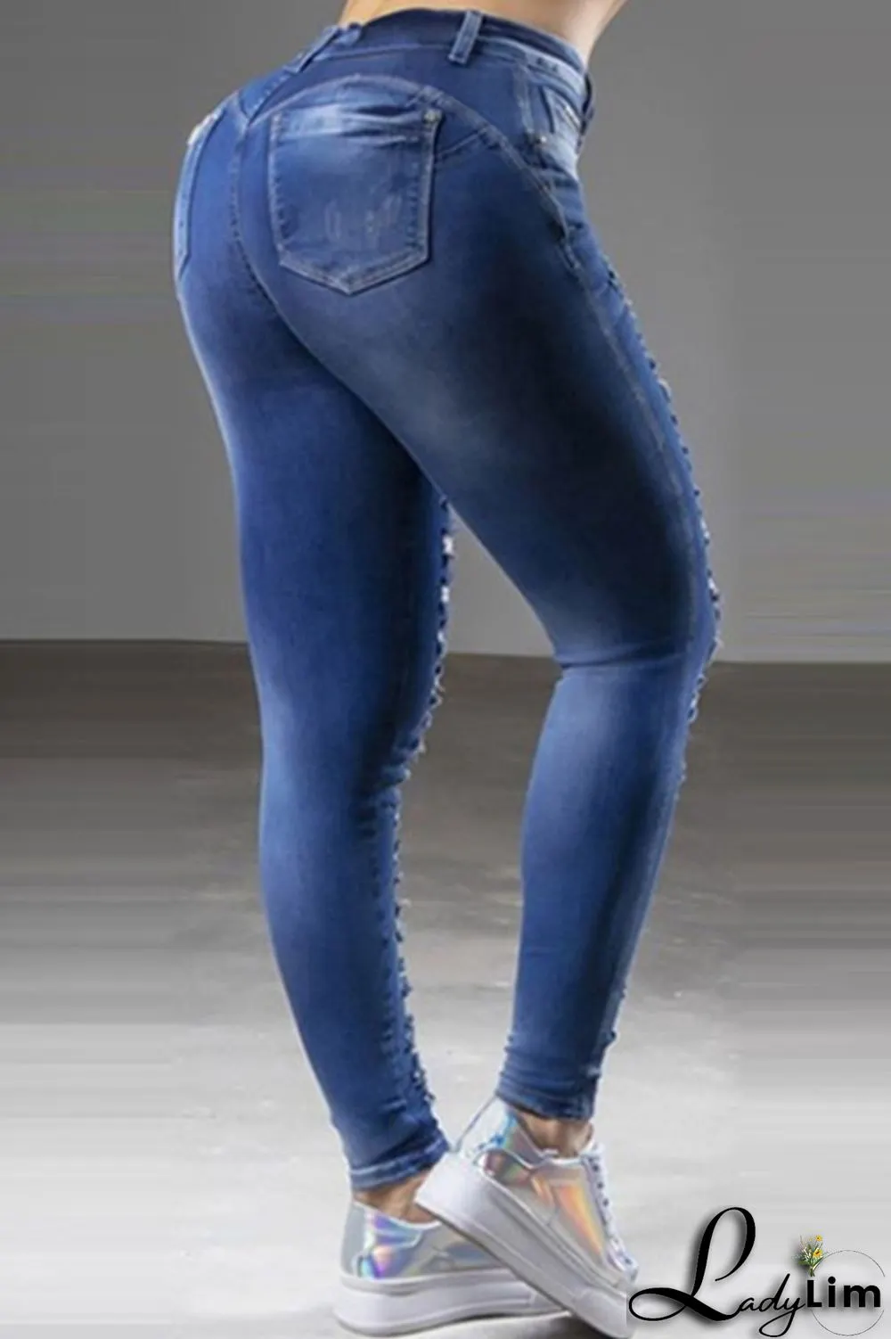 Dark Blue Fashion Casual Solid Ripped High Waist Skinny Denim Jeans
