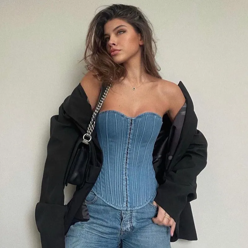 Churchf Churchf Spring / Summer 2023 Women's Wave Collar Fishbone Slim Strap Solid Color Denim Strapless Vest