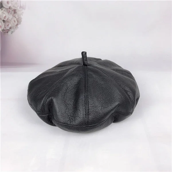 Pleated Beret Hat For Women British Style All-Match Solid Color Leather Hat