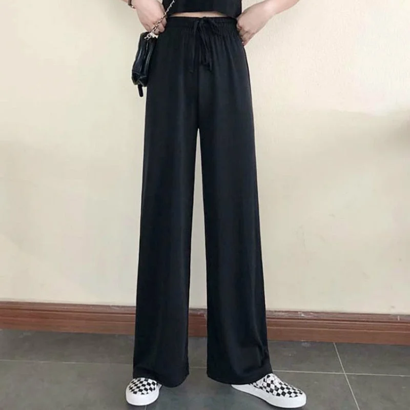 Wide Leg Pants Women Pure Black Lace-up Korean Style Loose Leisure High Waists Female Spring Long Daily Trousers Streetwear Fall