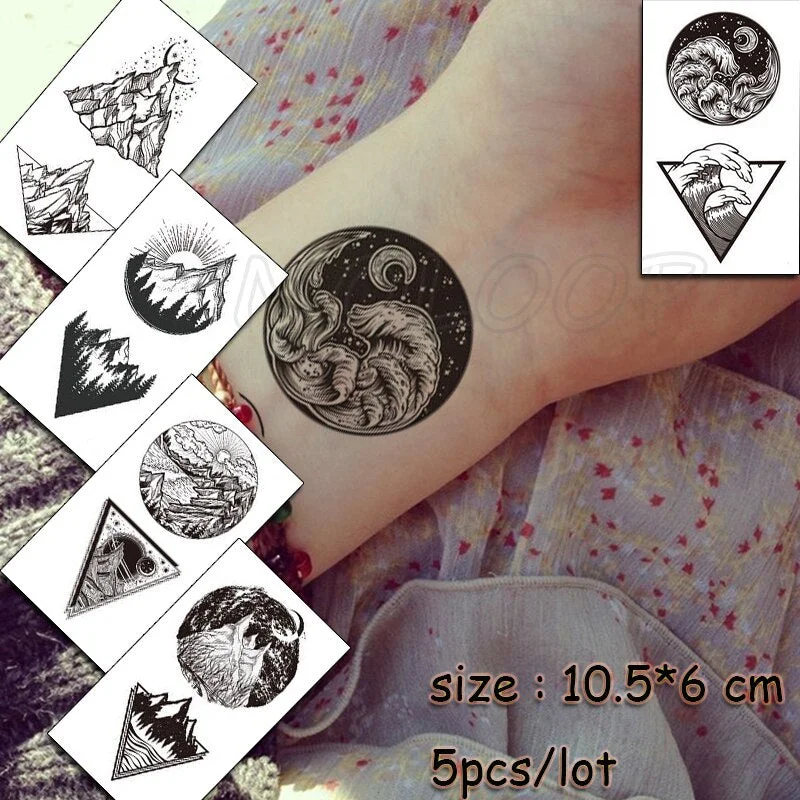 5 Pcs Temporary Tattoo Sticker Tree Bird Moon Sun Forest Waterproof Fake Tatto Water Transfer Tatoo Art for Kid Girl Woman Man