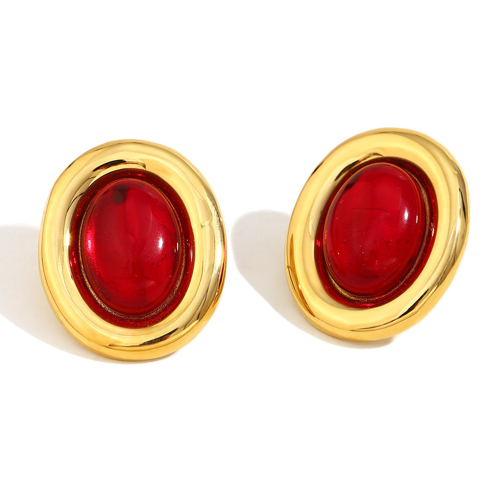 French Retro Geometric Red Agate Earrings Stainless Steel Plated 18K Gold Eye Fold Earrings