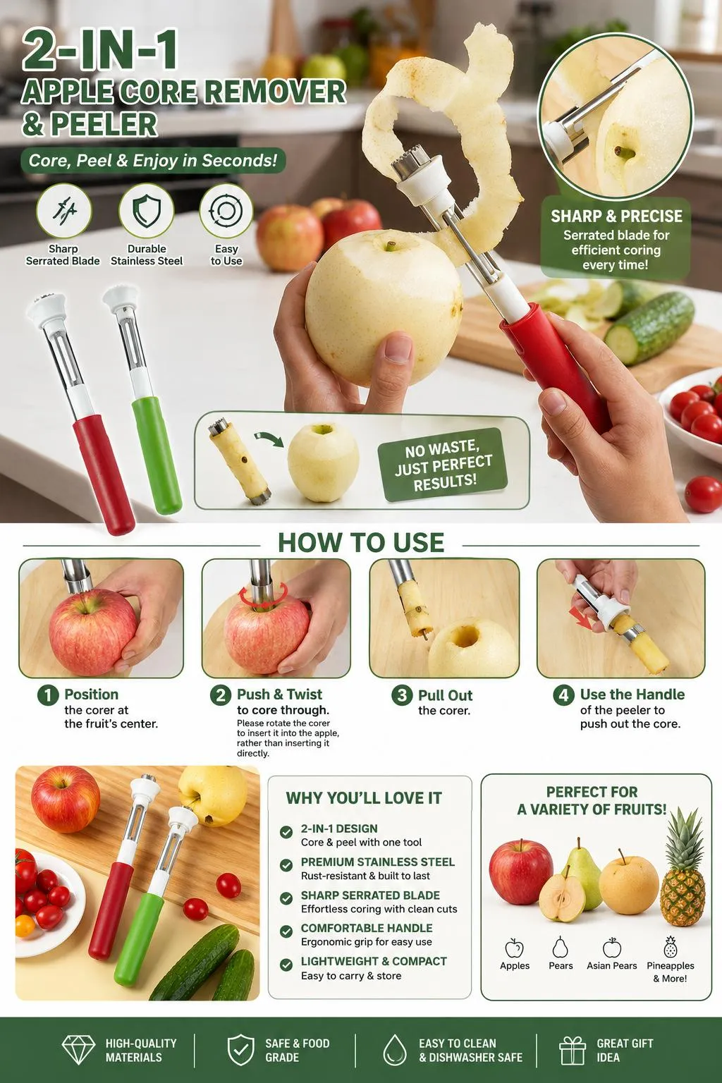 2 in 1 Apple Corer and Peeler, Apple Core Removal Tool, Stainless Steel Fruit Corer, Apple Seed Remover for Cored Apples, Pears, Bell Peppers and Cakes, Kitchen Gadget for Fruit and Vegetable