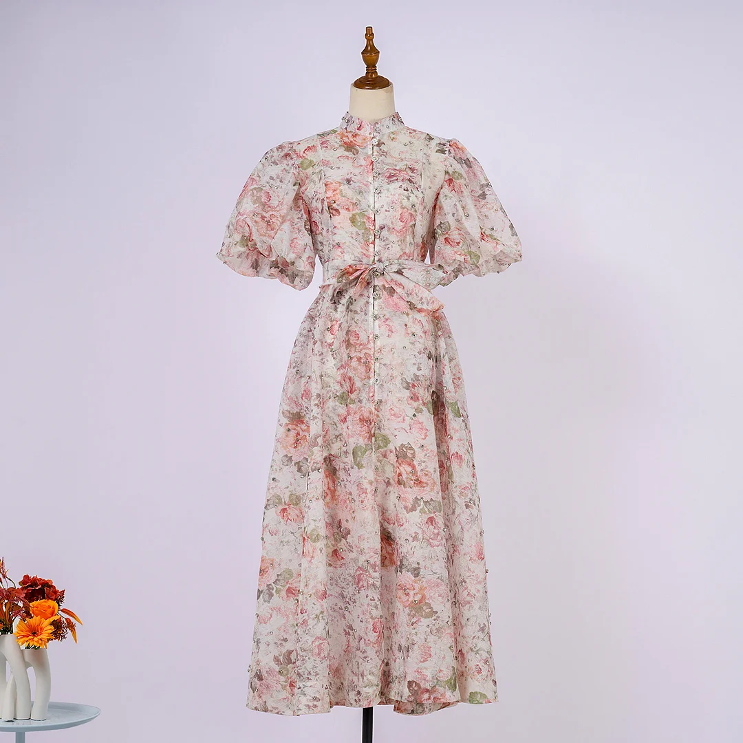 Nigikala Nigikala Court Style High Design Feeling Heavy Industry Nail Drill Short Sleeve Single Buckle Dress + Sling