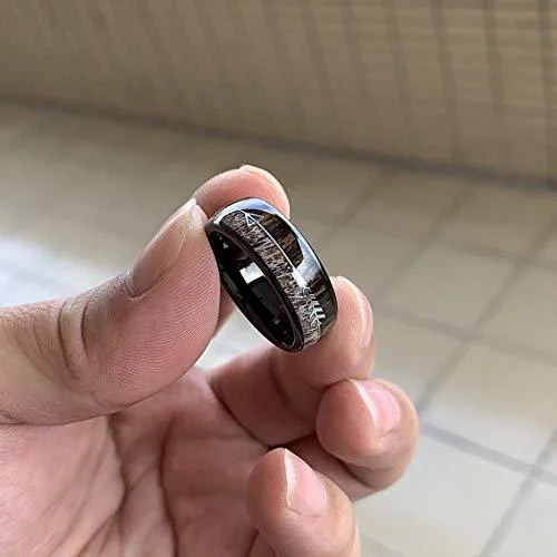 6MM 8MM Women's Or Men's Tungsten Carbide Wedding Matching Rings Black Cupid's Arrow over Wood Inlay with High Polish Antler and Dark Wood Inlay Domed Top