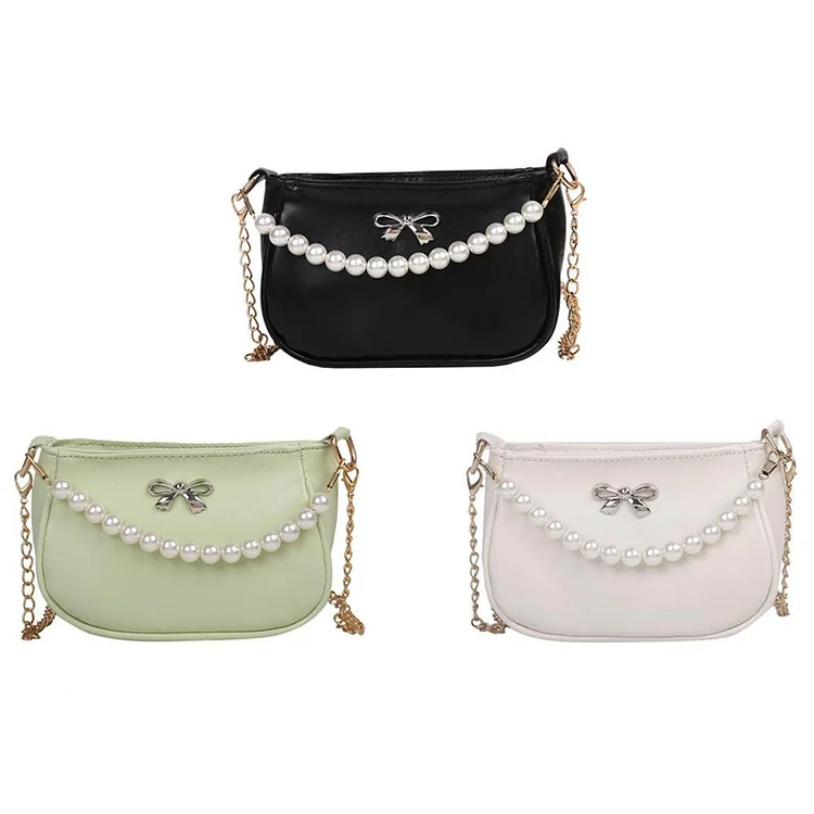 Vintage Women Bowknot Pure Color PU Shoulder Bag Casual Pearl Chain Handbag-Annaletters