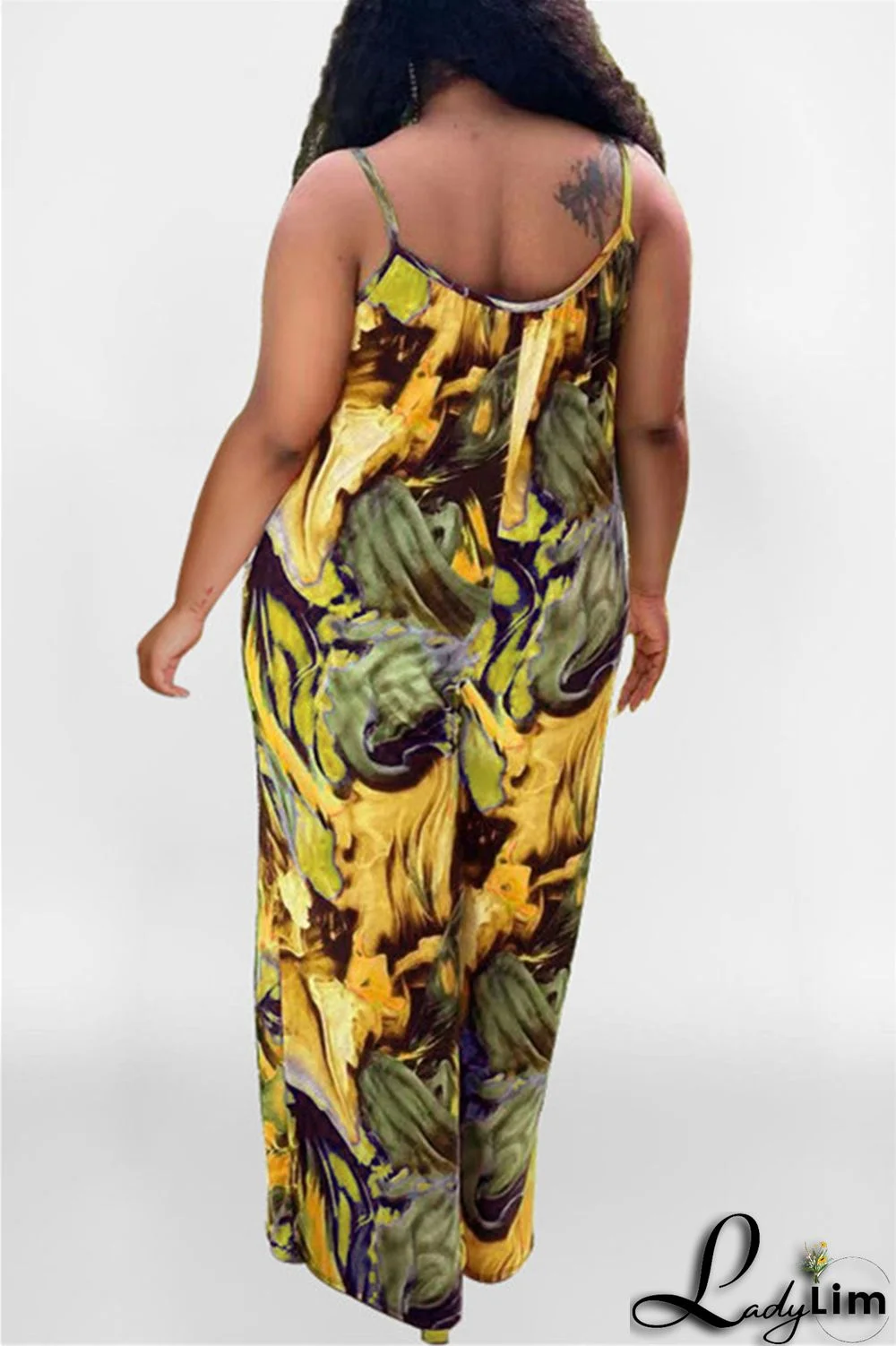 Coffee Sexy Casual Print Backless Spaghetti Strap Plus Size Jumpsuits