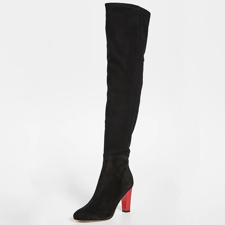 Black Vegan Suede Boots Chunky Heel Over the Knee Boots |FSJ Shoes