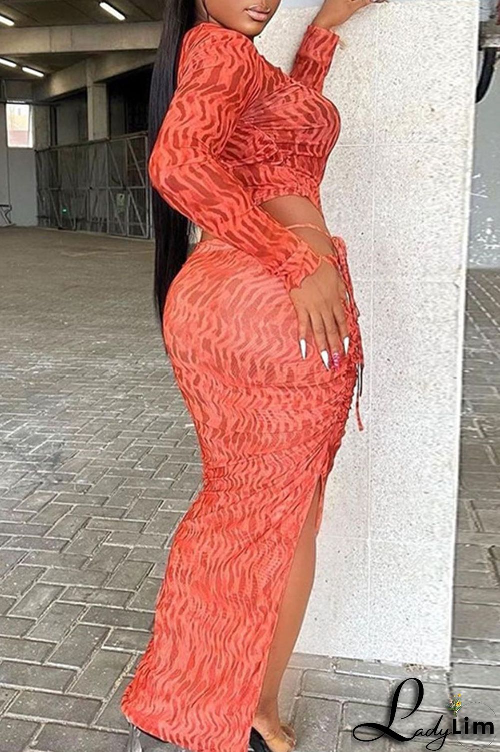 Tangerine Sexy Print Bandage Patchwork Draw String Slit O Neck Long Sleeve Two Pieces