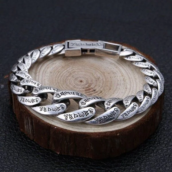 Sterling Silver Buddhist Mantra Curb Chain Bracelet