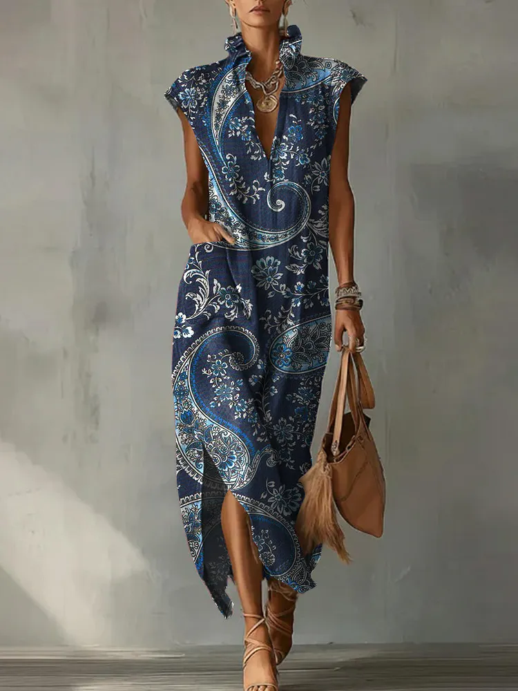 Casual Loose-fit Cotton-linen Dress With Cap Sleeves And Vintage Paisley Print