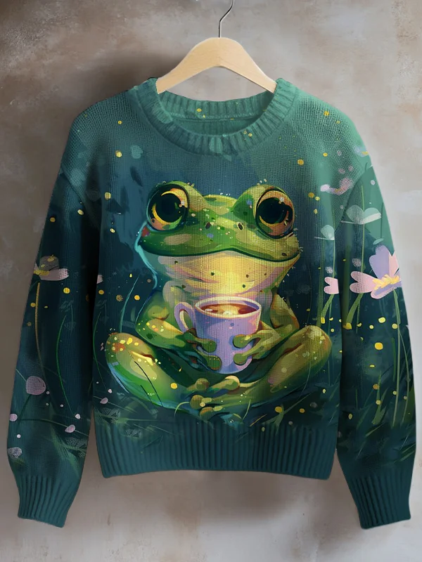 Women's Frog Drinking Coffee Art Print Knit Sweatshirt