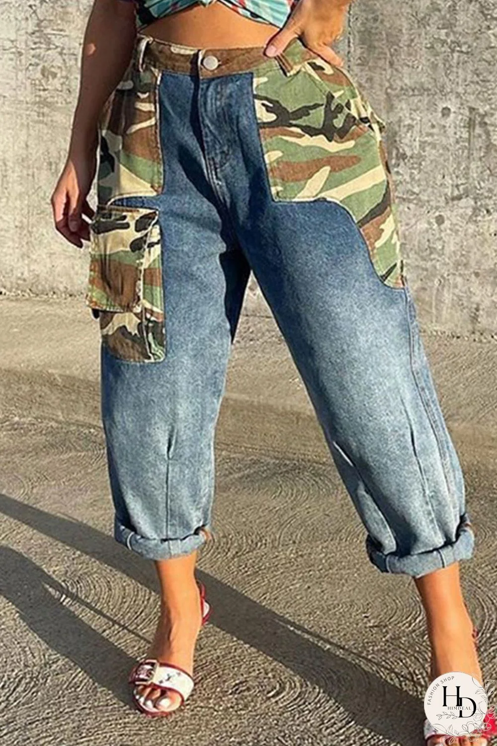 Blue Street Print Camouflage Print Patchwork High Waist Loose Denim Jeans