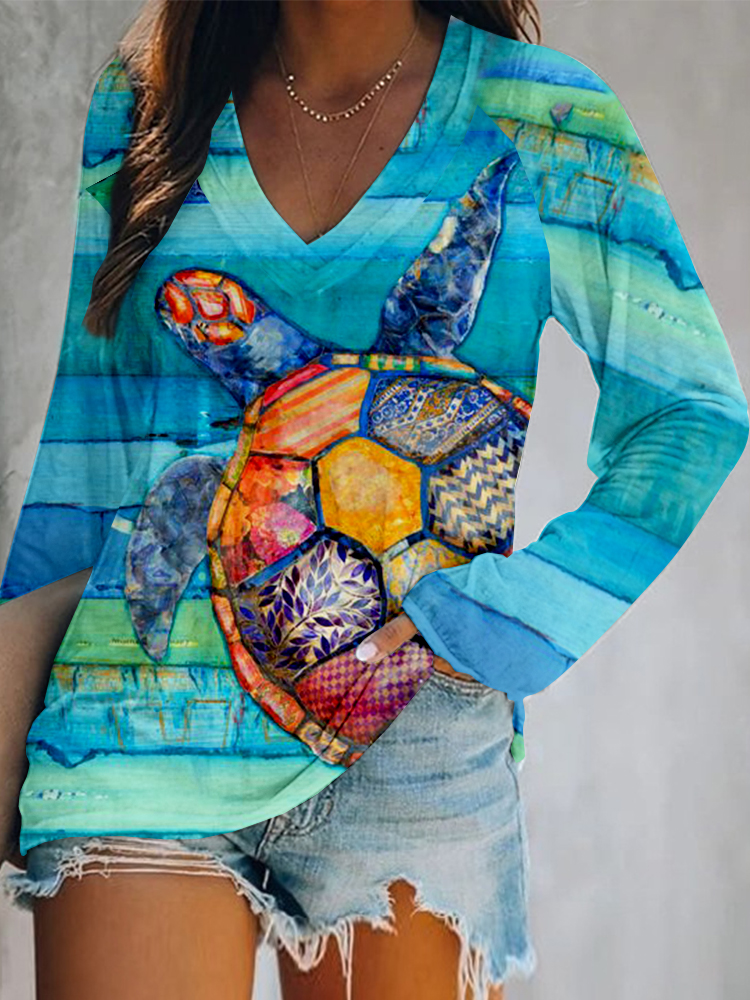 Vintage Sea Turtle Graphic V Neck Comfy T Shirt  artssus