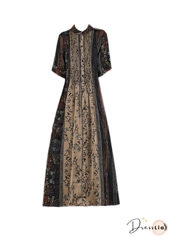 Loose Black O-Neck Print Patchwork Wrinkled Silk Party Dress Short Sleeve