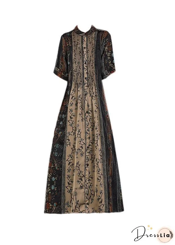 Loose Black O-Neck Print Patchwork Wrinkled Silk Party Dress Short Sleeve